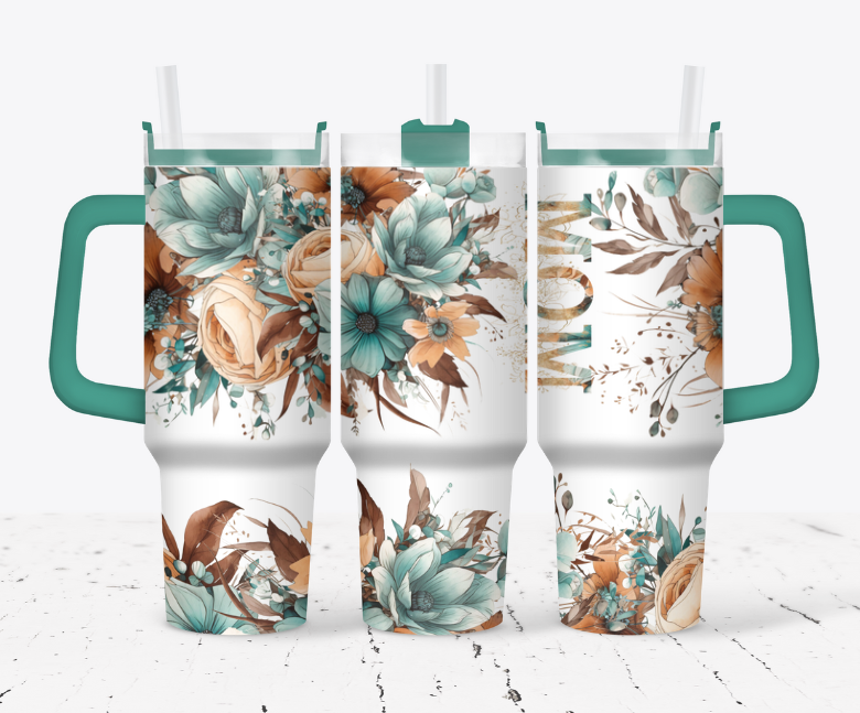 MOM Teal and orangeish tan flower tumbler