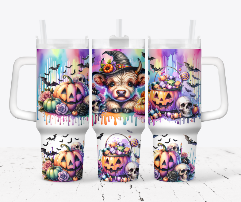 Witch cow with candy and pumpkins