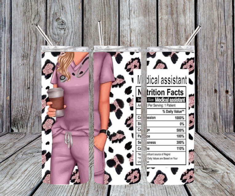 Medical Assistant blonde with pink scrubs cheetah
