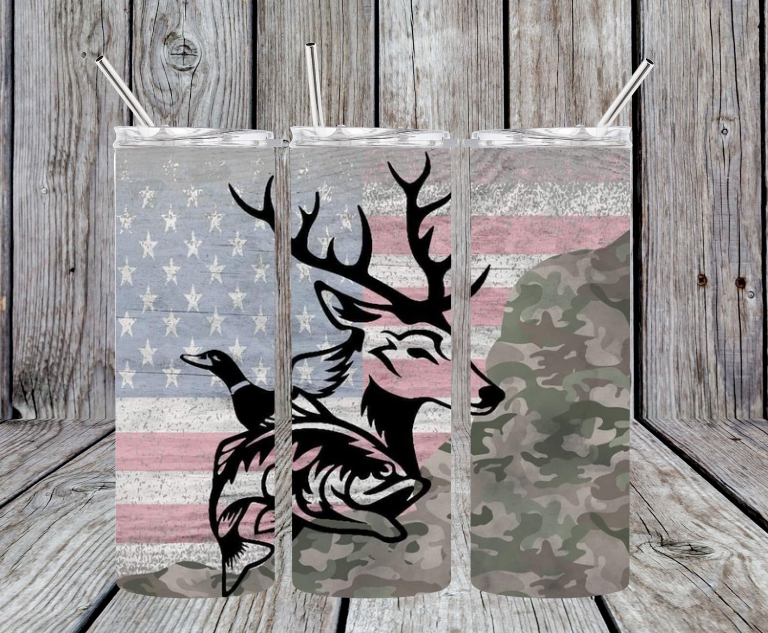 Buck and goose with faded background of camo and american flag