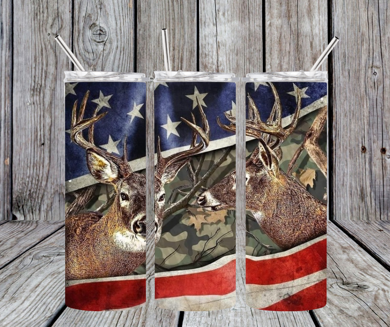 American flag with two bucks and camo
