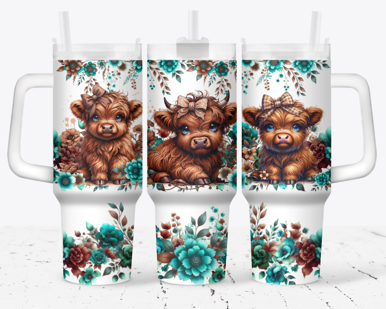 Brown highland cow with blue flowers