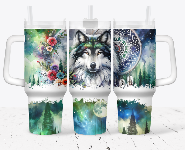 Large wolf head, teal with dream catcher