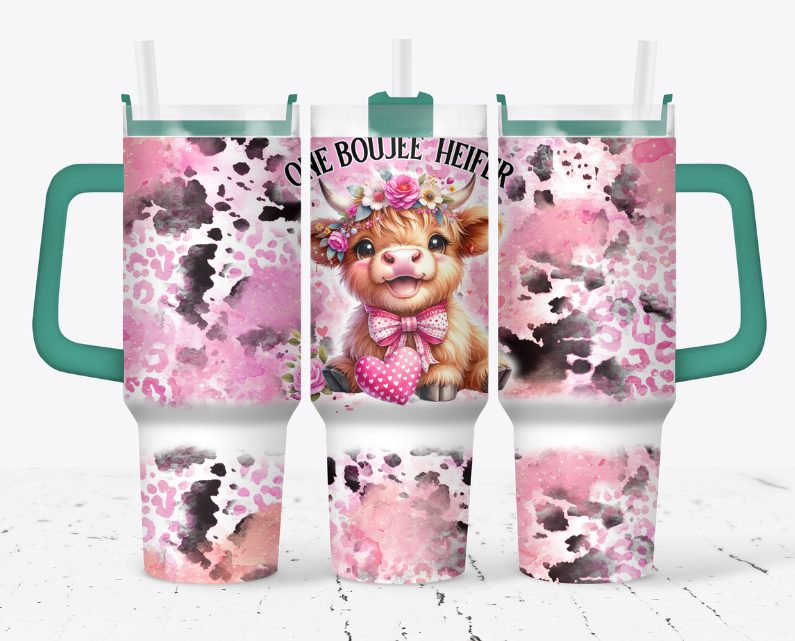 Pink valentine style highland cow, "one boujee heifer"