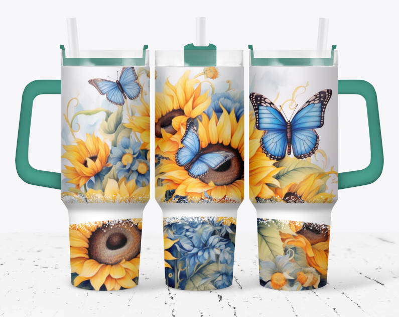 Sunflowers with blue butterflies