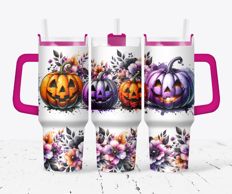 Purple and orange pumpkins and flowers