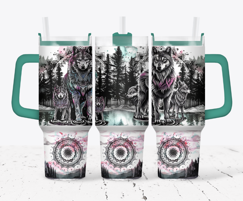 Wolves with pink and teal