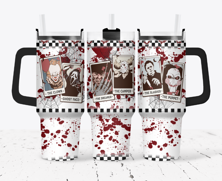 Card killers with blood splatter and checkered print