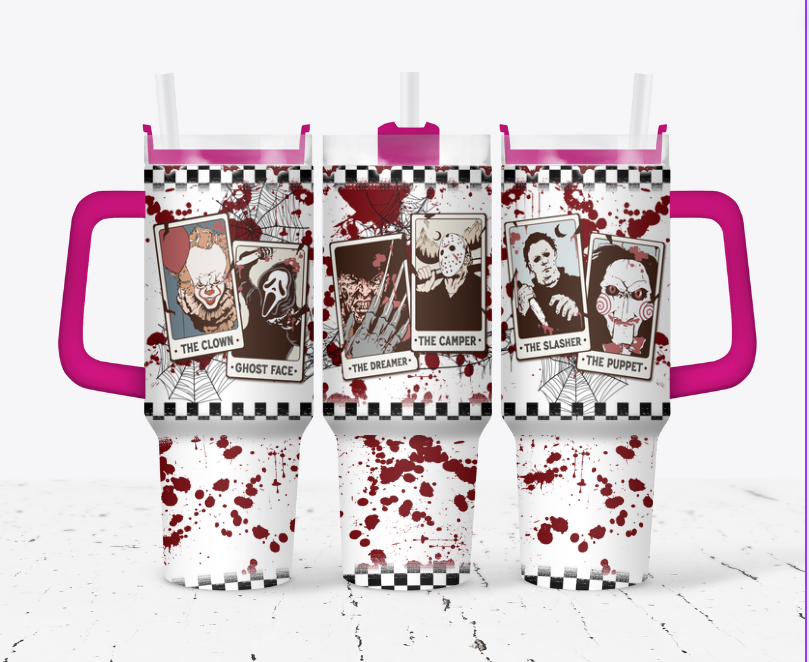 Card killers with blood splatter and checkered print