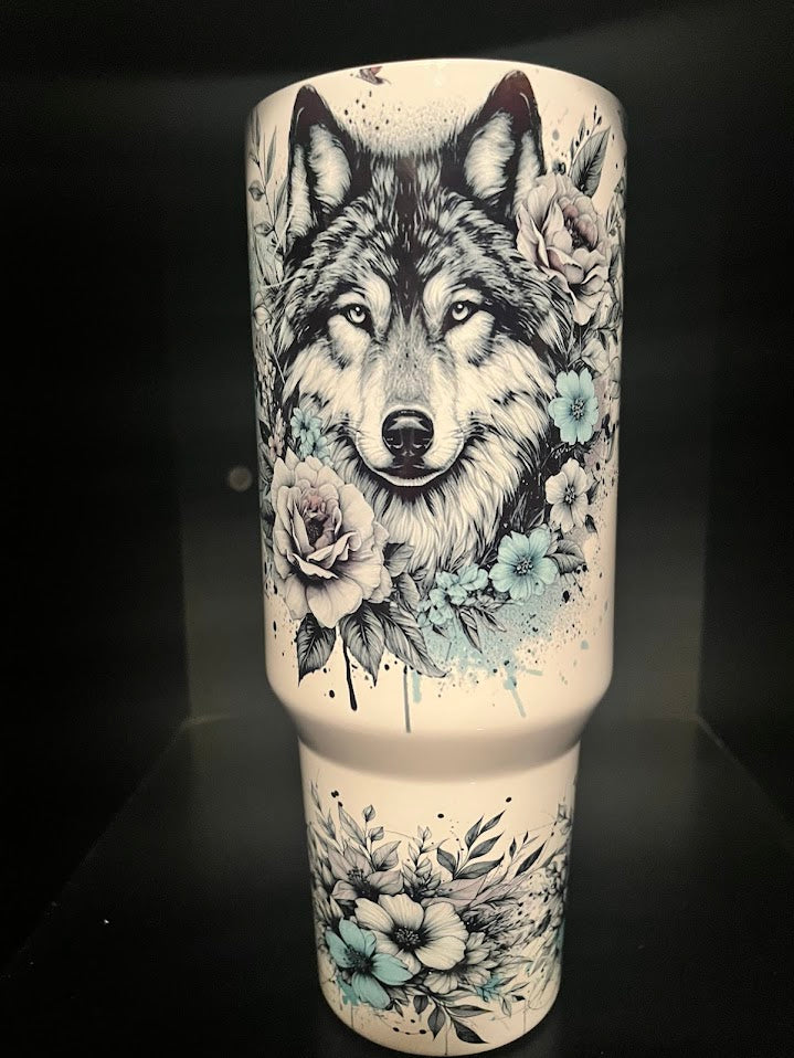 Wolf with white and blue flowers