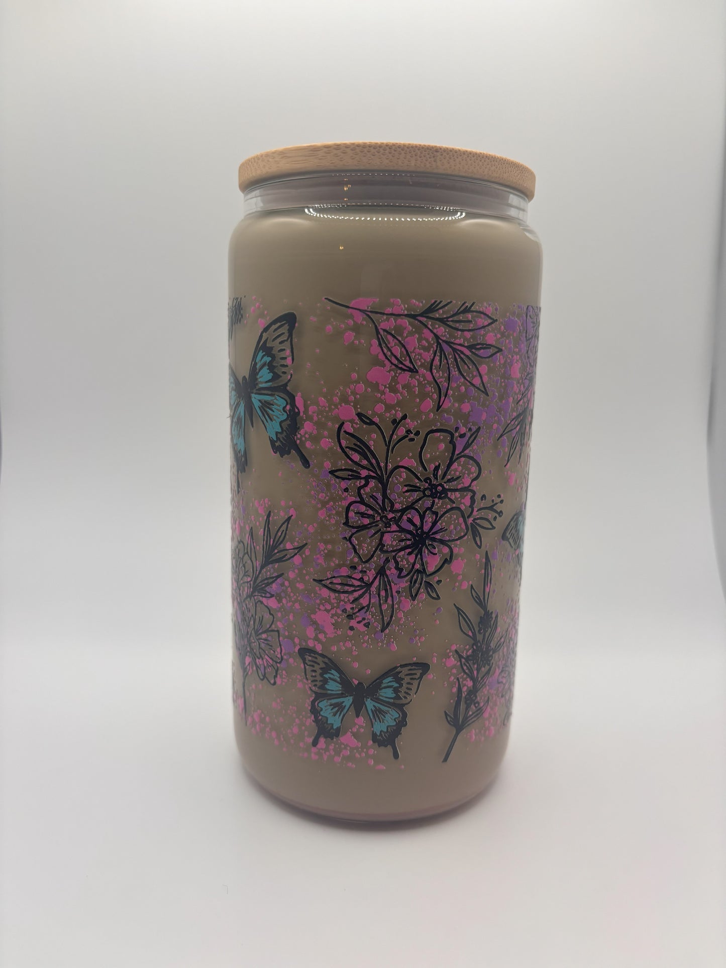 Blue butterflies and pink dots with flowers