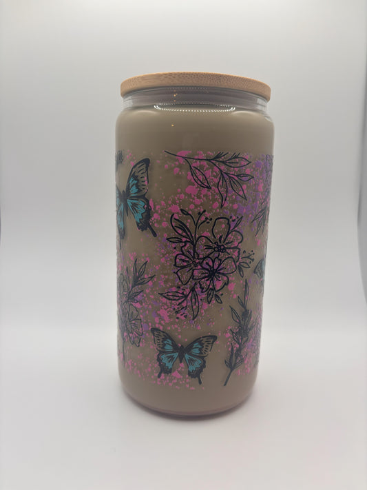 Blue butterflies and pink dots with flowers