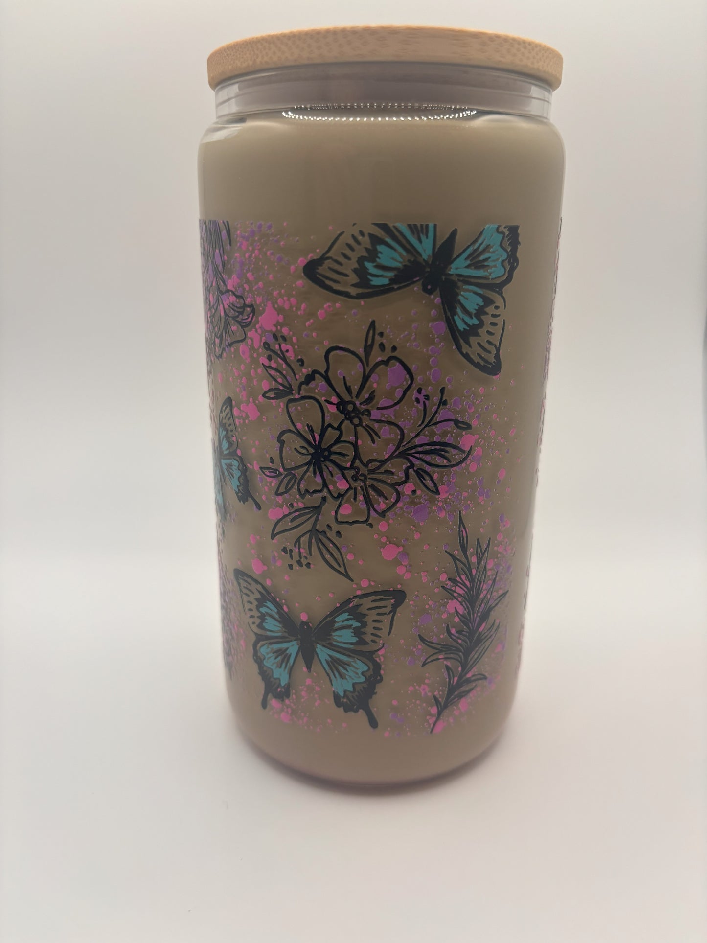 Blue butterflies and pink dots with flowers