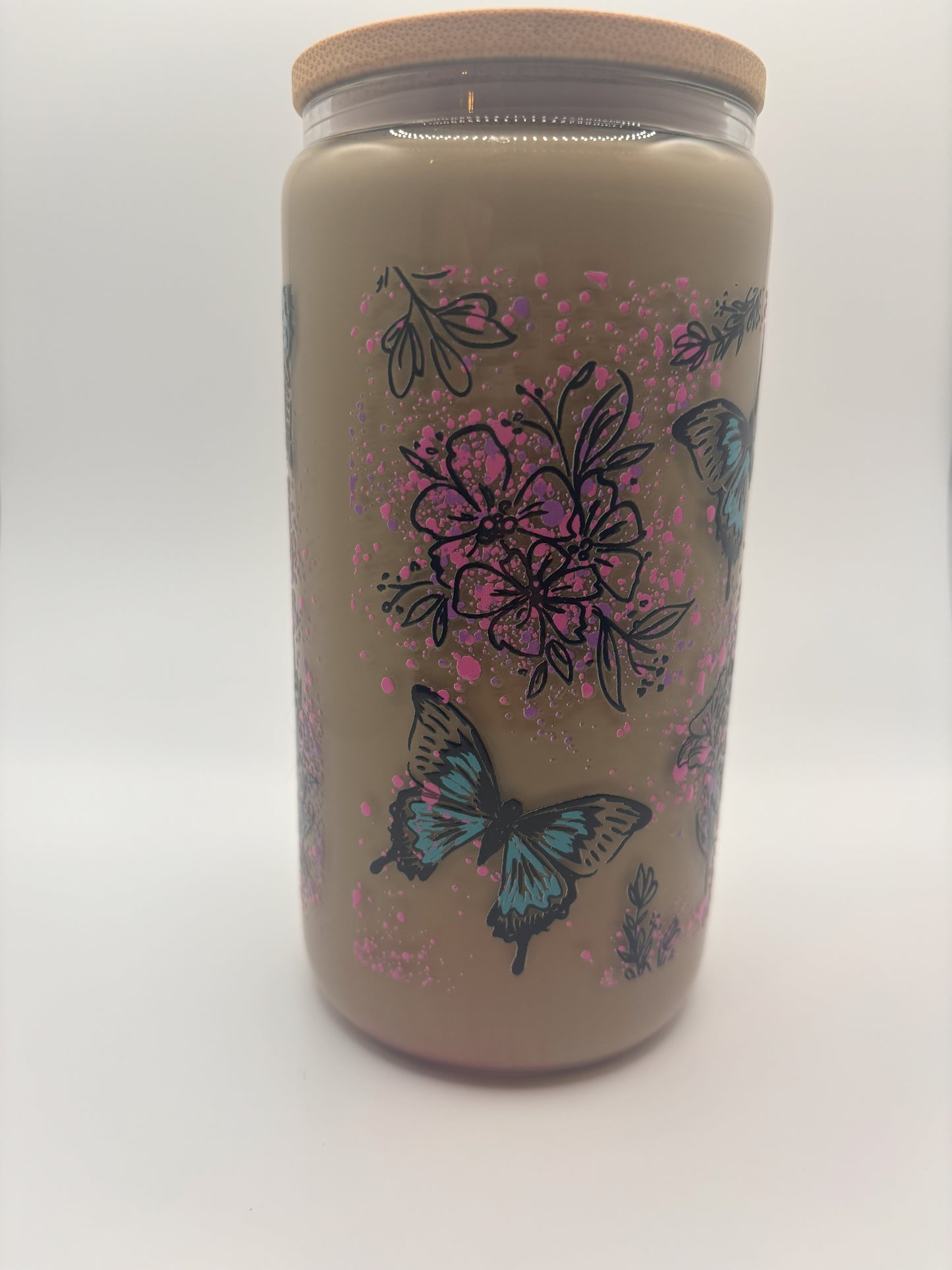 Blue butterflies and pink dots with flowers