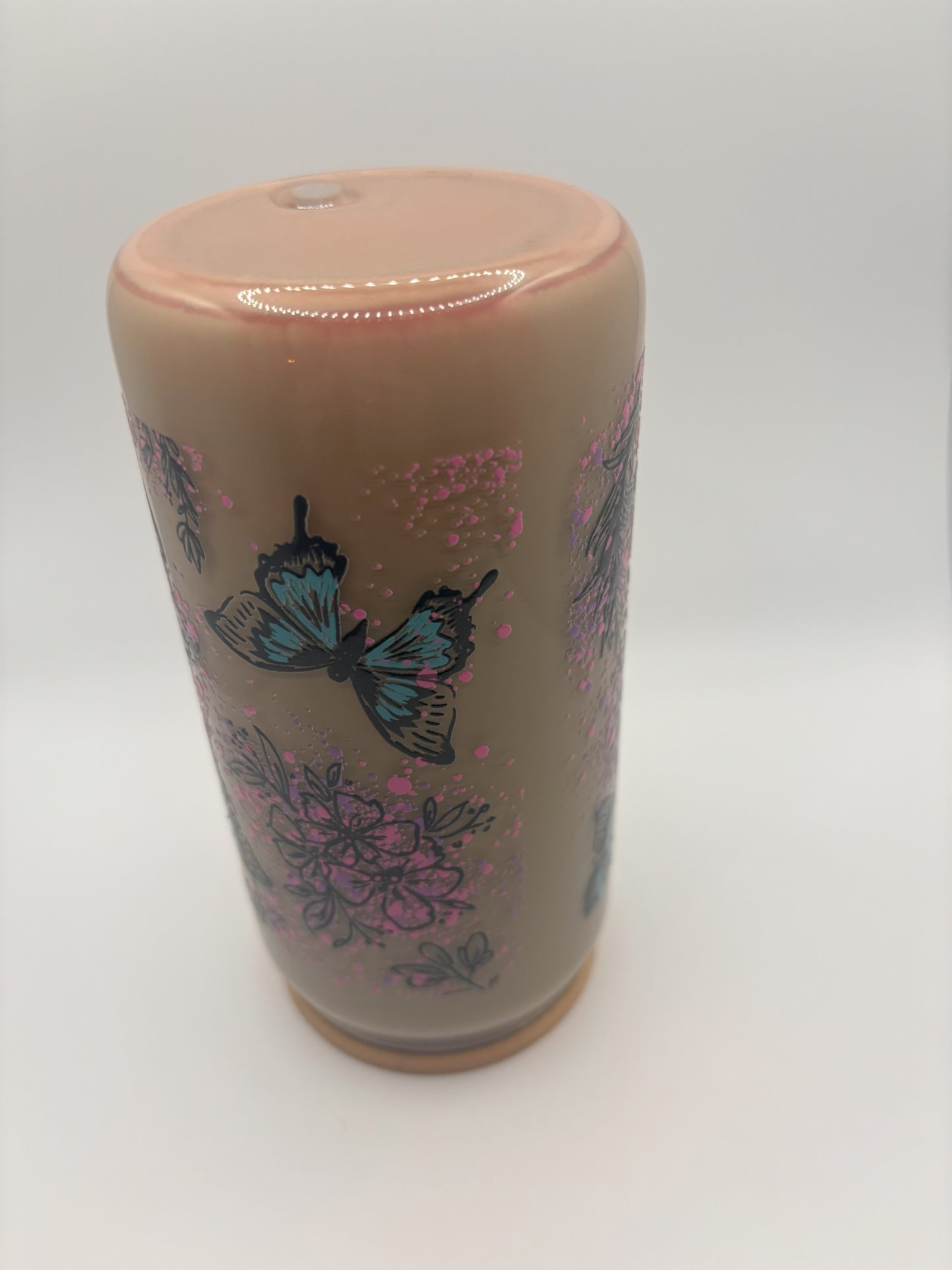 Blue butterflies and pink dots with flowers