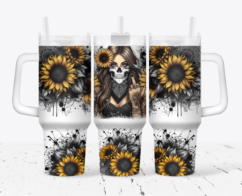 Girl with her middle finger up and sunflowers