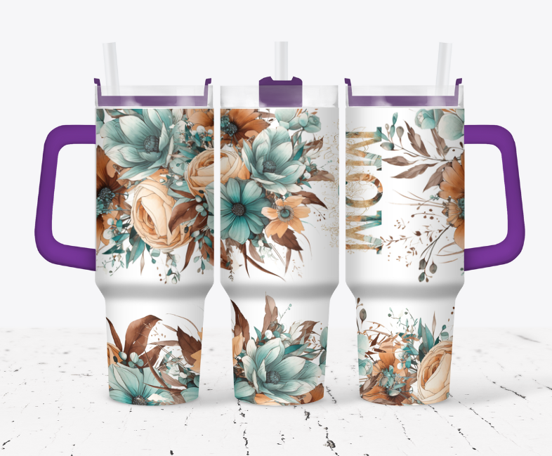 MOM Teal and orangeish tan flower tumbler