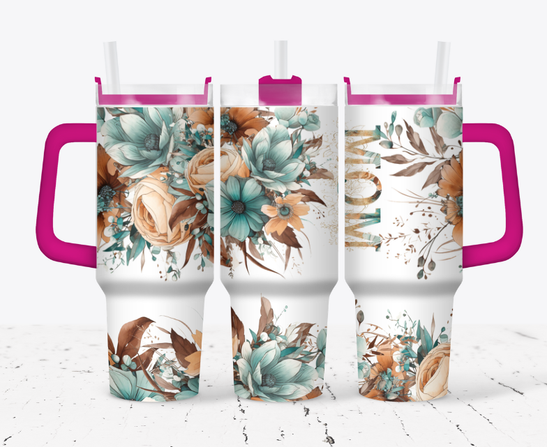MOM Teal and orangeish tan flower tumbler
