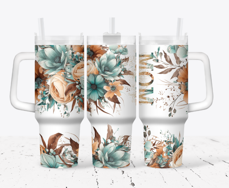 MOM Teal and orangeish tan flower tumbler