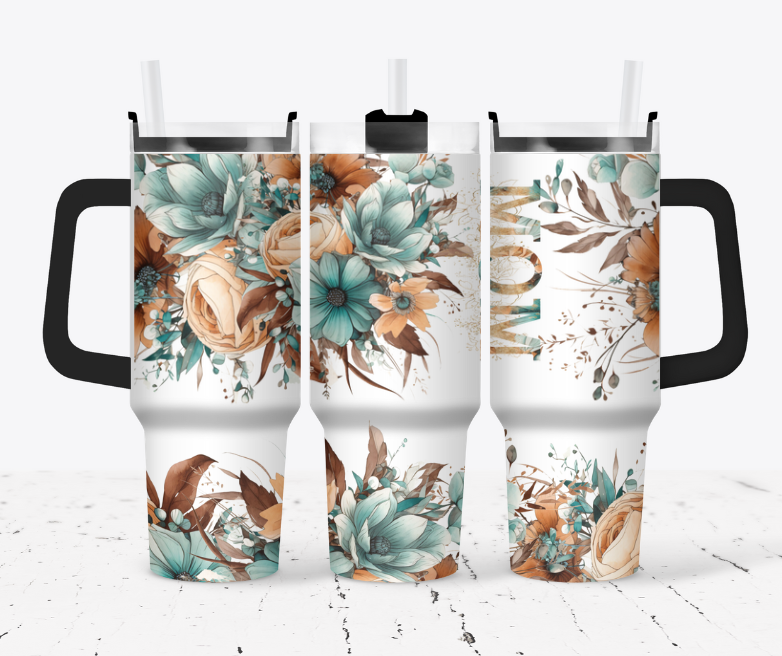 MOM Teal and orangeish tan flower tumbler
