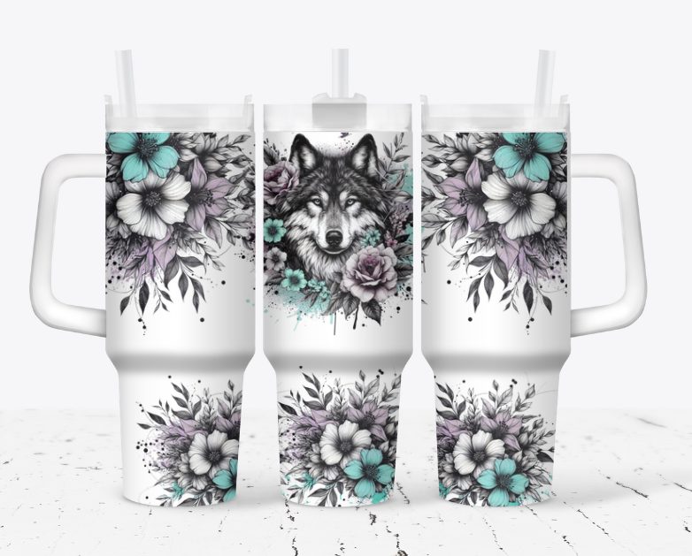 Wolf with white and blue flowers