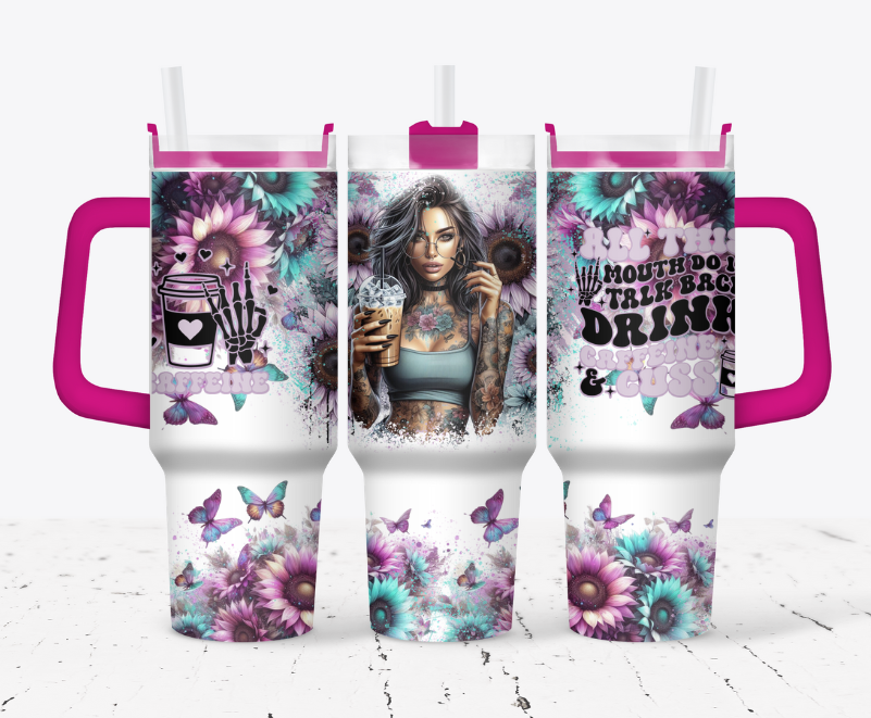 Caffeine girl with blue and purple flowers- All this mouth do is talk back, drink caffeine and cuss