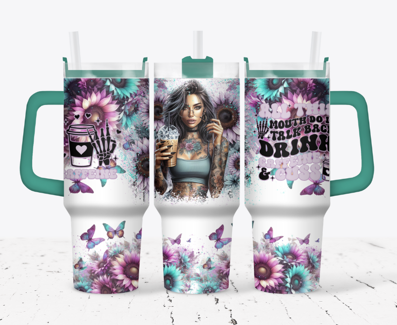 Caffeine girl with blue and purple flowers- All this mouth do is talk back, drink caffeine and cuss