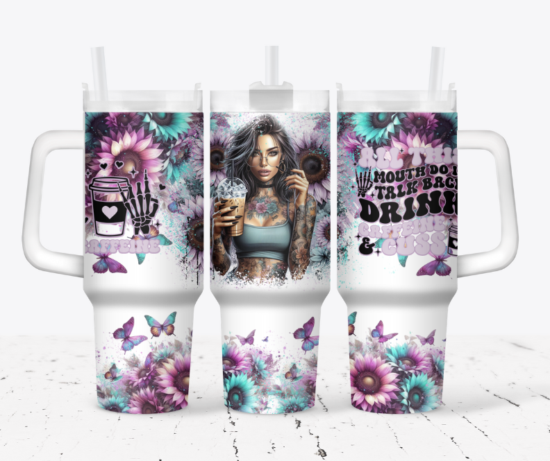 Caffeine girl with blue and purple flowers- All this mouth do is talk back, drink caffeine and cuss