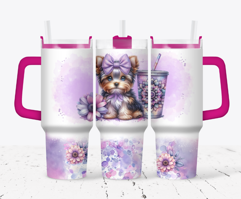 Yorkie puppy with purple flowers