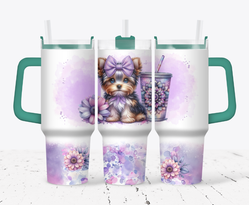 Yorkie puppy with purple flowers