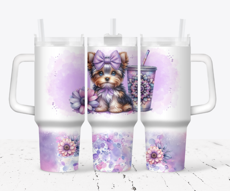 Yorkie puppy with purple flowers