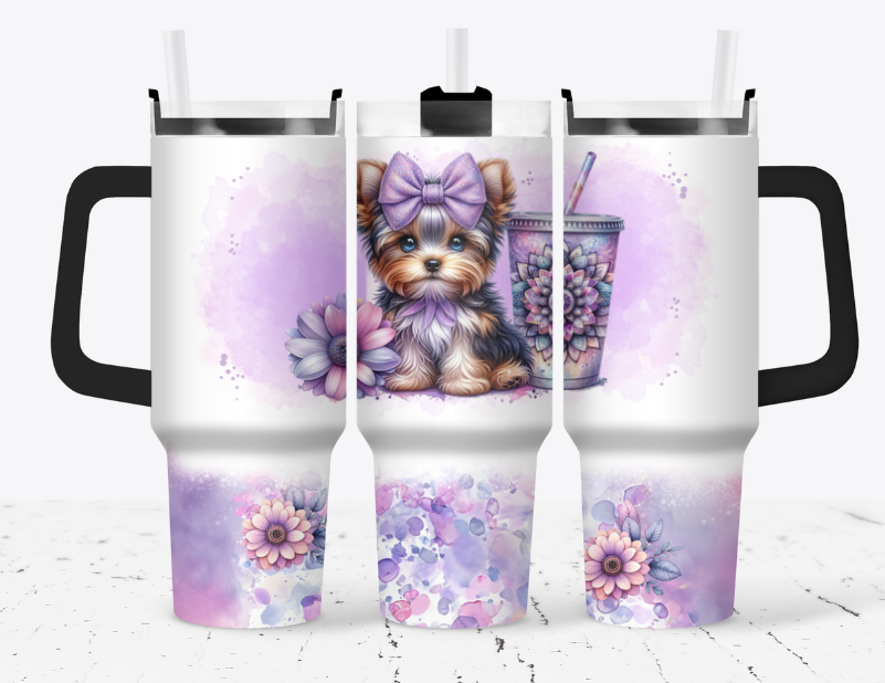 Yorkie puppy with purple flowers