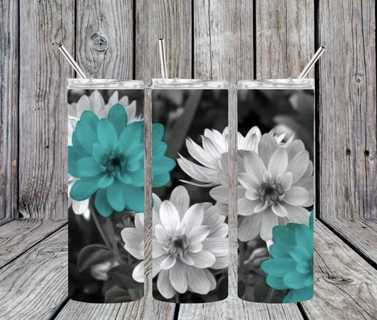 Black white and teal flowers