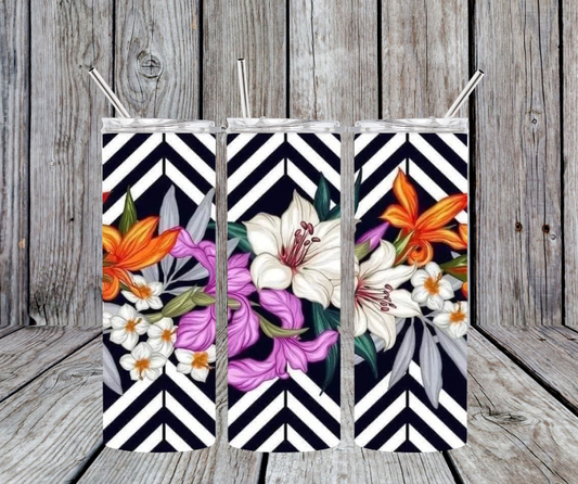 Chevron black and white with orange and purple flowers