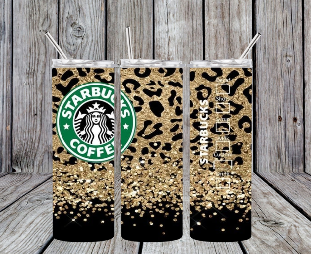 Gold cheetah with black starbucks