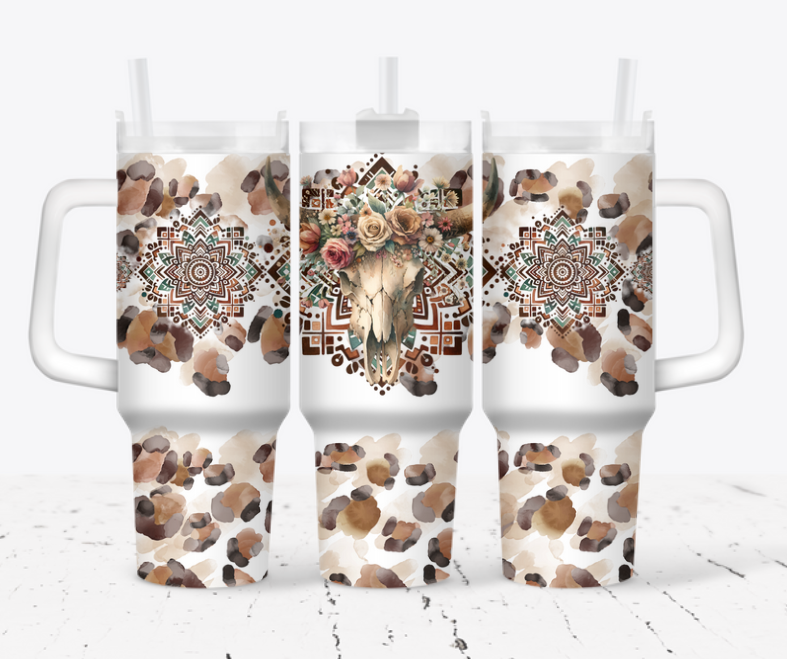 Animal skull with brown/tan leopard and flowers