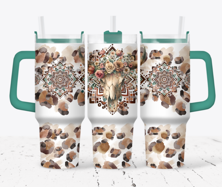 Animal skull with brown/tan leopard and flowers
