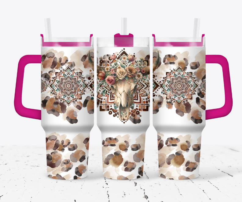 Animal skull with brown/tan leopard and flowers