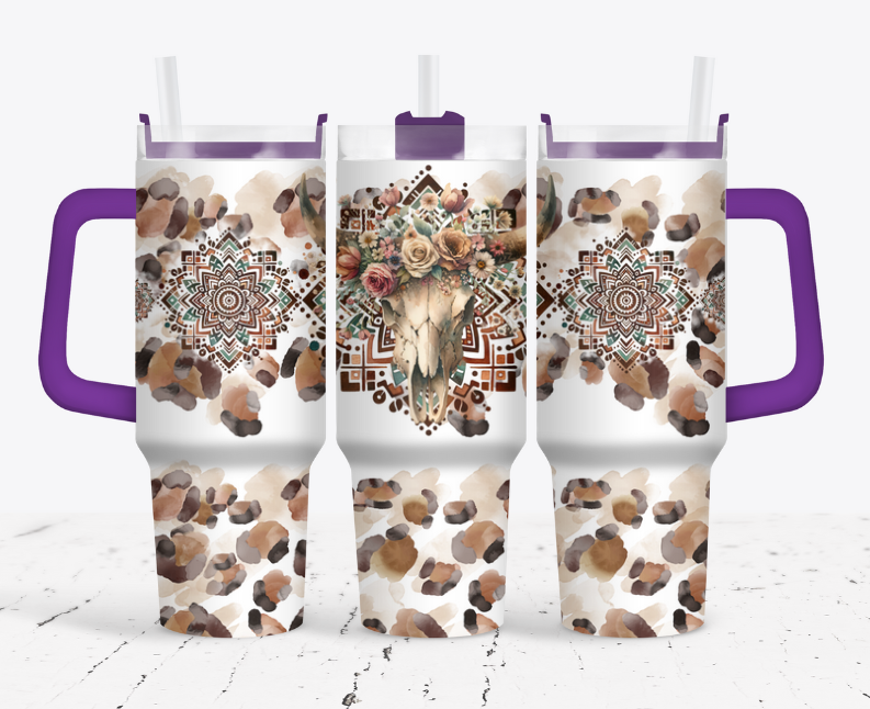 Animal skull with brown/tan leopard and flowers