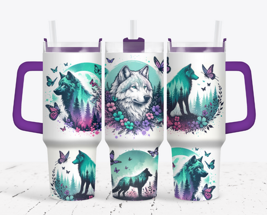 Wolves with flowers and butterflies