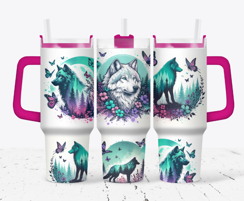 Wolves with flowers and butterflies