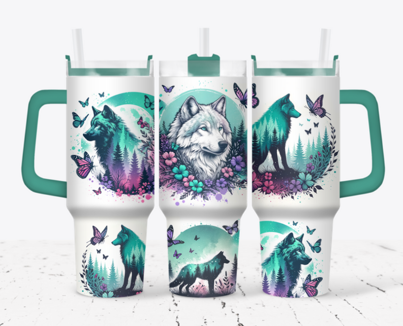 Wolves with flowers and butterflies