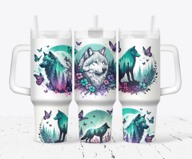 Wolves with flowers and butterflies
