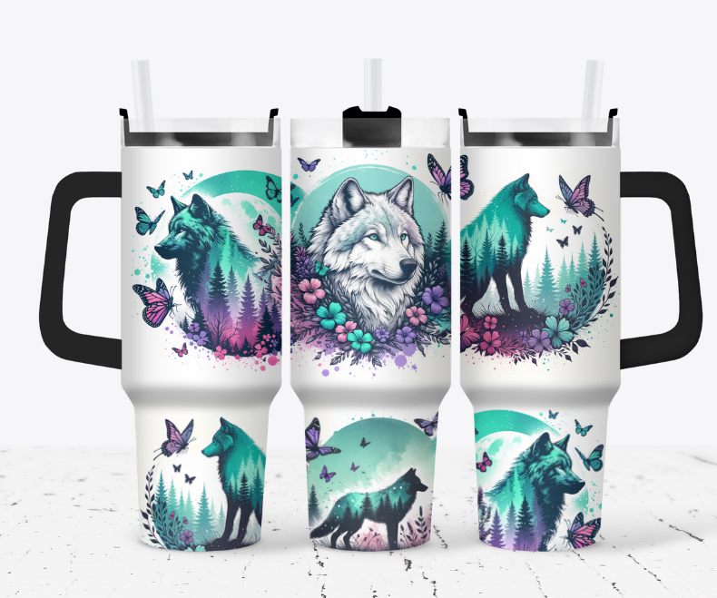 Wolves with flowers and butterflies