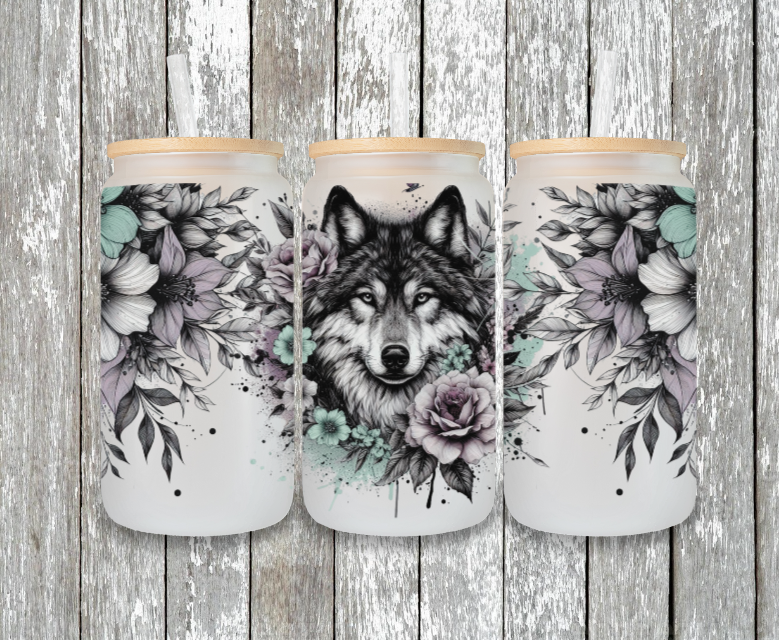 Large wolf head with flowers