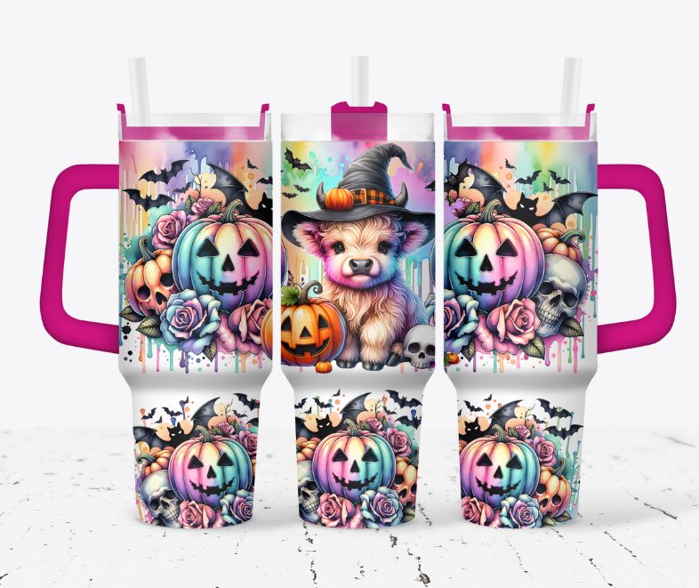Witch cow with pumpkins, flowers and bats