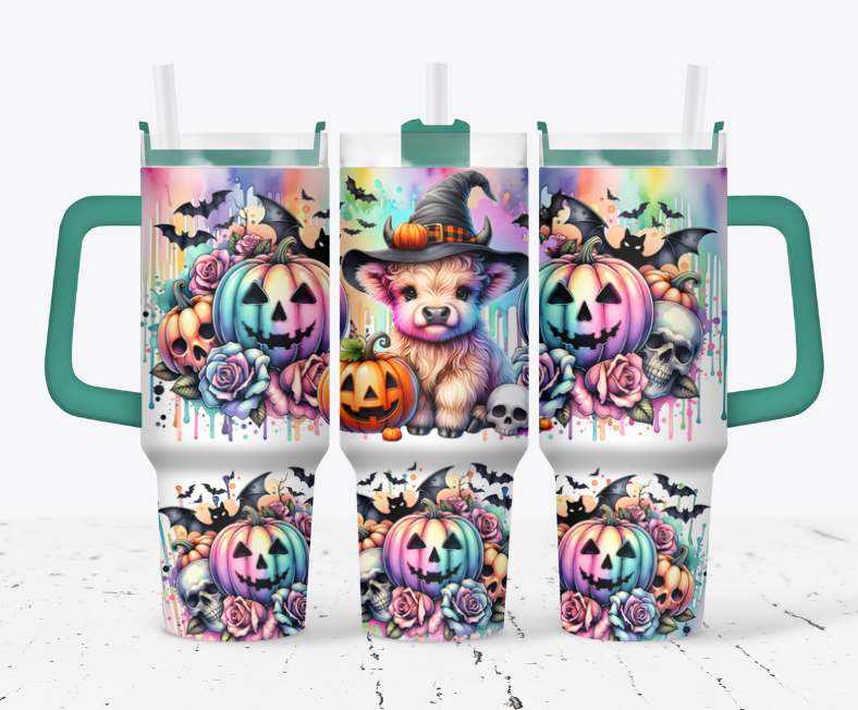 Witch cow with pumpkins, flowers and bats