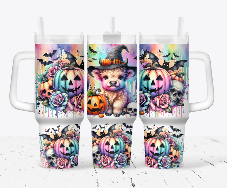 Witch cow with pumpkins, flowers and bats