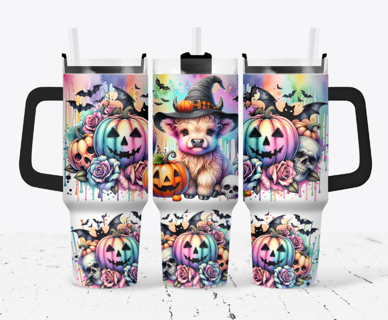 Witch cow with pumpkins, flowers and bats