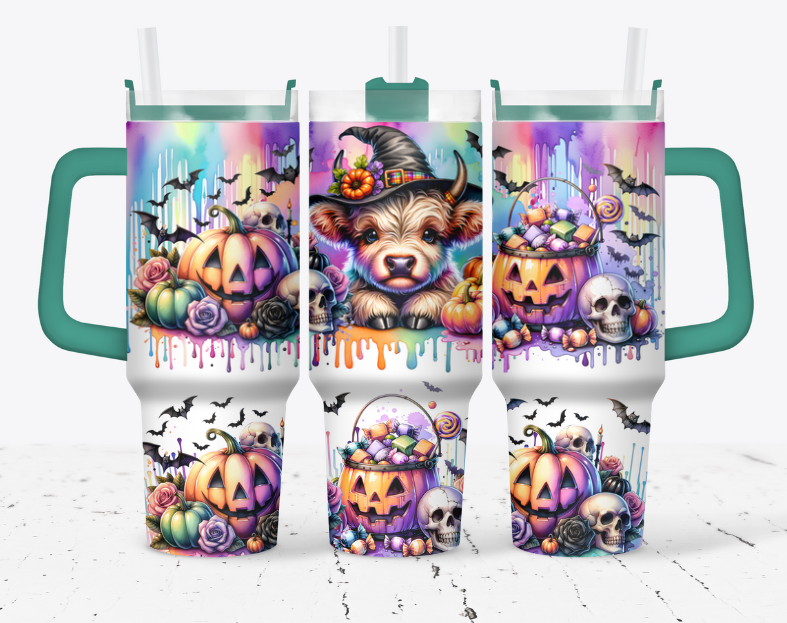 Witch cow with candy and pumpkins